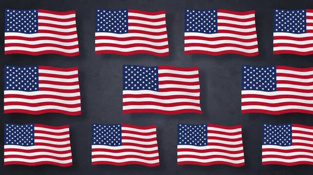 Waving American Flags Pattern on Dark Textured Background, Patriotic USA Theme