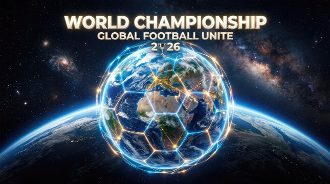 Glowing Earth wrapped in a football network symbolizes the 2026 global championship, international unity, competition, and the worldwide passion for the beautiful game.