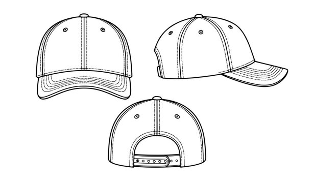 Unisex Snapback Baseball Cap Technical Drawing Front Side Rear View Vector Illustration