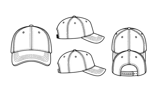 Baseball Cap Vector Template Set Front Side and Back Views Adjustable Snapback Hat Illustration