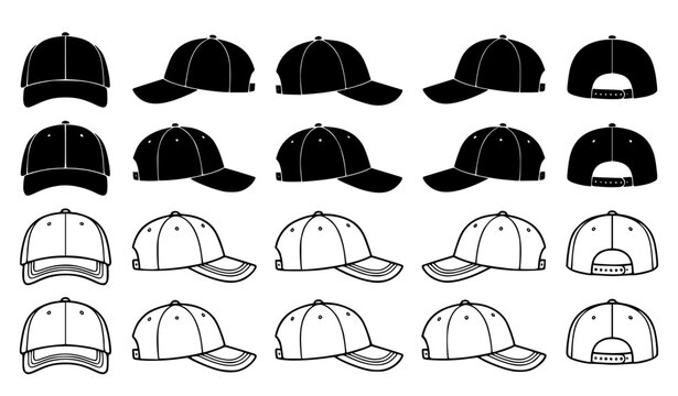 Flat Baseball Cap Icon Collection Front Side Back Views Casual Sports Hat Vector Set