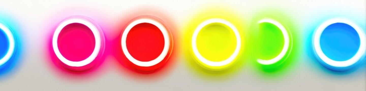 Glowing, colorful circles with white outlines on a blurred white background