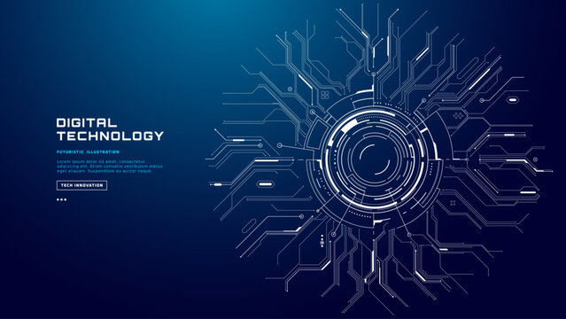 Futuristic blue tech background with glowing HUD portal, digital circuit board pattern and flowing data lines. Abstract vector design for AI interfaces, cybersecurity, network systems
