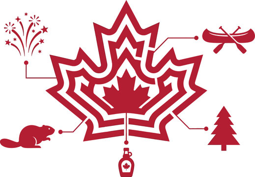 Maple leaf motif acts as a central anchor for a collection of traditional Canadian cultural icons.