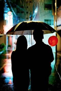 couple under umbrella with red balloon in rainy neon street
