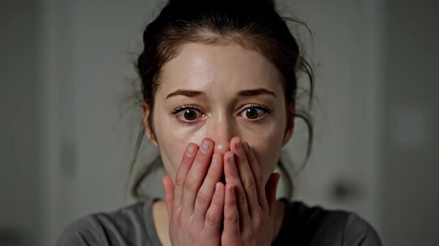 Close-up of a woman with surprised expression, close-up of a woman with frightened expression