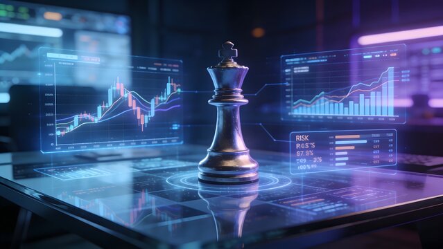 Chess King on a Futuristic Table with Financial Data Displays.