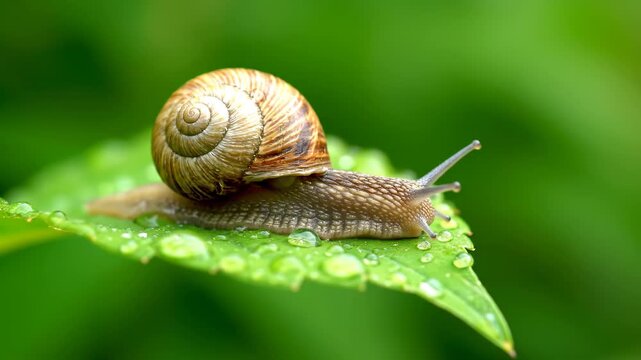 Close-up of a snail crawling on green leaves, close-up of a snail leaf