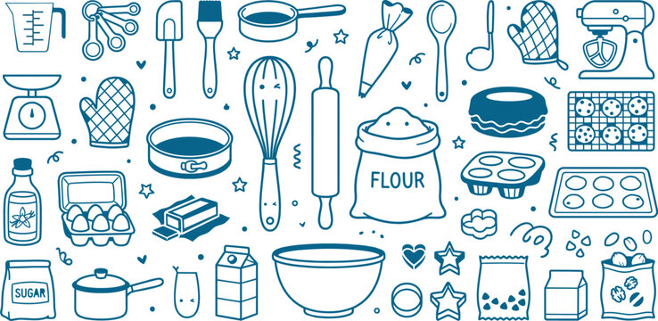 Baking Essentials Doodle: A charming collection of hand-drawn illustrations depicting various baking tools and ingredients, perfect for culinary projects and recipe designs.