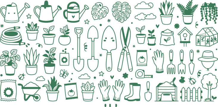 Gardening Essentials Doodle Collection: A whimsical collection of hand-drawn illustrations depicting essential gardening tools, plants, and accessories.