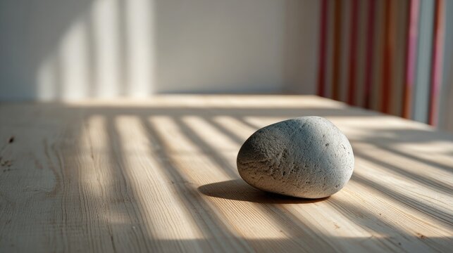 A single grey stone rests on a wooden surface, illuminated by sunlight and shadows