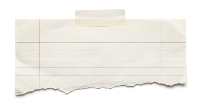 Lined notebook paper with tape isolated PNG, torn edge note for message, reminder, or scrapbook on white background