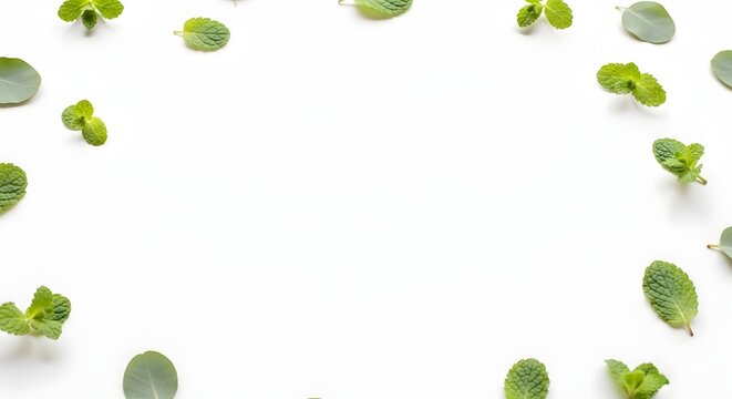 Fresh green mint leaves arranged in a circular frame on white background with copy space.