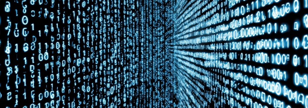 A digital matrix of glowing blue binary code streams away into a dark void