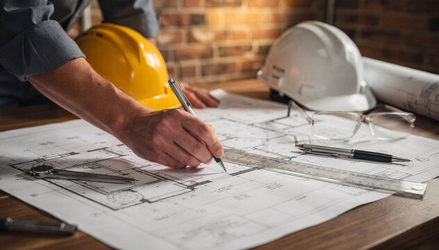 Engineer Working On Architectural Blueprints With Construction Safety Equipment In Modern Office