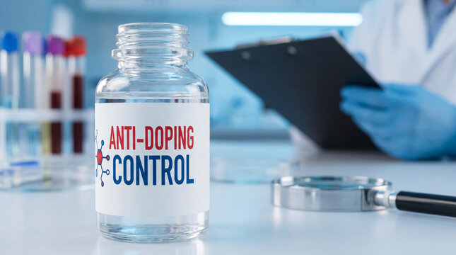 Anti doping control sample bottle on lab bench with scientist examining records, ensuring fair competition in sports