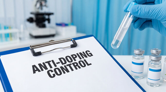 Hand in glove holding sample for anti doping control, vials, and microscope in sports medicine laboratory
