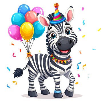 Zebra wearing party hat balloons.