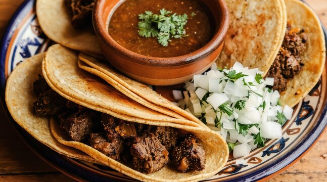 Close-up view of birria tacos with tender beef chunks. Corn tortillas hold savory meat. Consomme dip and fresh onion cilantro garnish enhance flavors. Traditional Mexican street food.