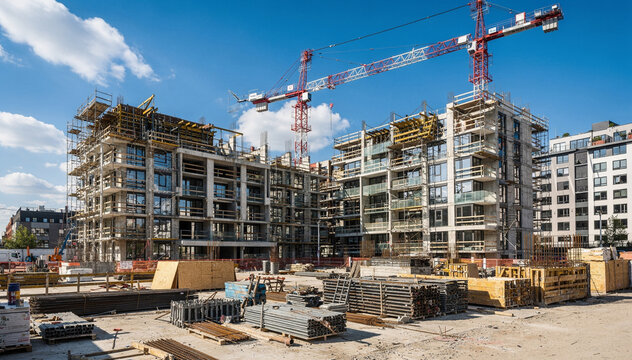 Modern Residential Apartment Construction Site With Tower Cranes And Urban Development