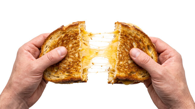 hand pulling apart a grilled cheese sandwich with melted cheese on transparent background 