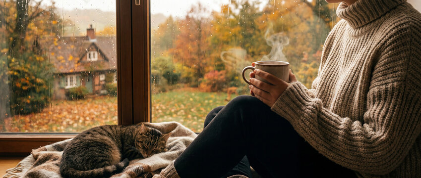Woman in cozy sweater drinking warm tea, looking out window at rainy autumn landscape with sleeping cat, comfort at home