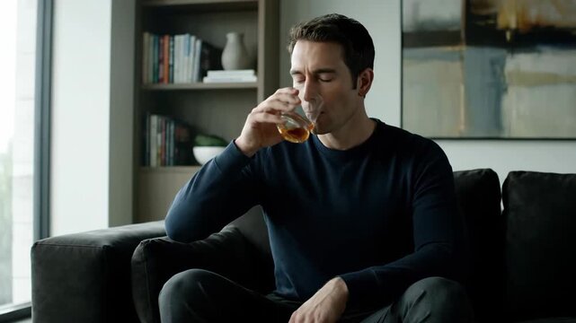 Men's sitting on the sofa drinking, men's sofa drinking whiskey alone