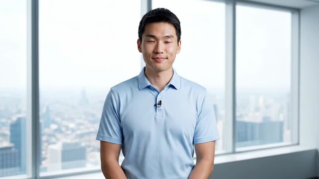 A smiling man stands in the office, and a man by the window explains the camera