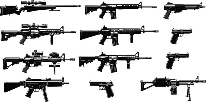 Black silhouette firearm collection featuring rifles, handguns, and machine guns arranged in rows for weapon design and comparison concept