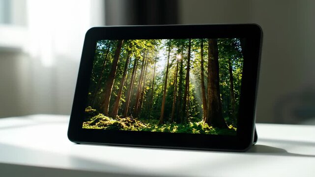 Tablet displays seaside scenery, and the tablet displays natural wind