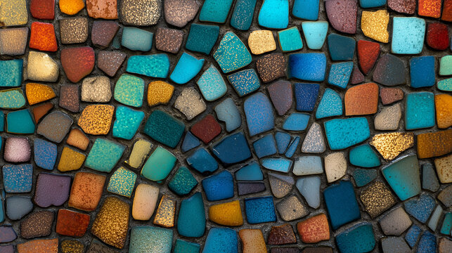 Colorful mosaic background creating an abstract art pattern with diverse ceramic tiles and grout texture