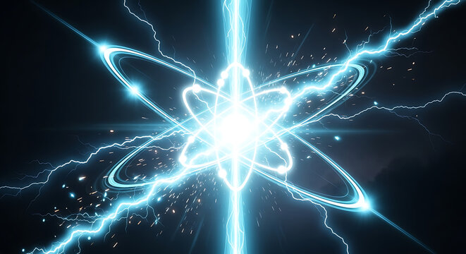 Bright blue glowing atom model with orbiting electrons electric sparks light beams on dark background representing energy and technology electron technology electricity particle research