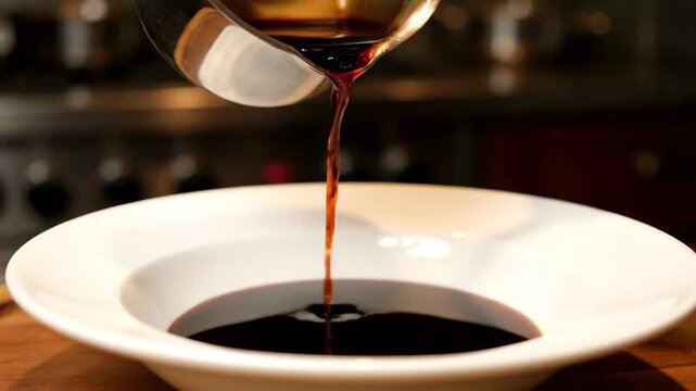 Pour soy sauce into the cooking ingredients on the white plate and coffee liquid into the white bowl