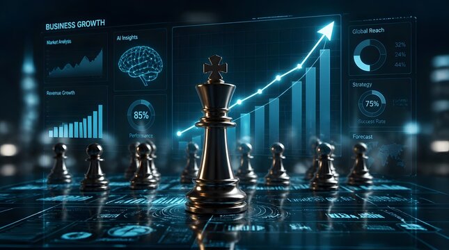 Chess Pieces on a Board with Business Growth Charts and Data Visualization.