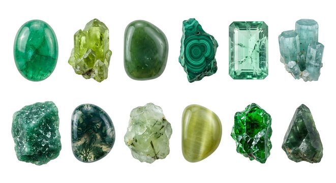 Set of ten precious green gemstones and mineral crystals including emerald peridot malachite jade and isolated on transparent background