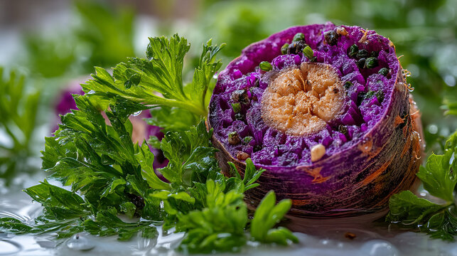 Fresh sliced purple cabbage head on a bed of green curly parsley garnish