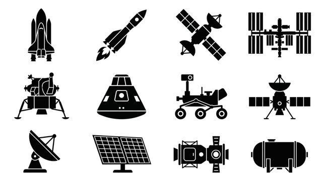 Flat silhouette vector icon set of 12 space technology objects  space shuttle silhouette  rocket silhouette  satellite silhouette  space station silhouette  lunar module silhouette  space capsule 