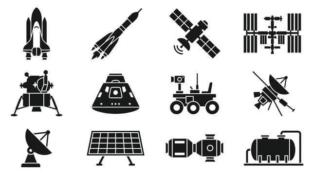 Flat silhouette vector icon set of 12 space technology objects  space shuttle silhouette  rocket silhouette  satellite silhouette  space station silhouette  lunar module silhouette  space capsule 