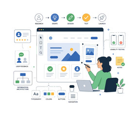 Fototapeta premium UX and UI design process. A product designer arranges interface cards, buttons, and navigation elements on a digital canvas, creating a clear and friendly website experience. Small user icons,