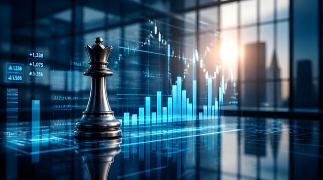 Chess Queen Symbolizing Business Strategy and Financial Growth in a Modern Office.