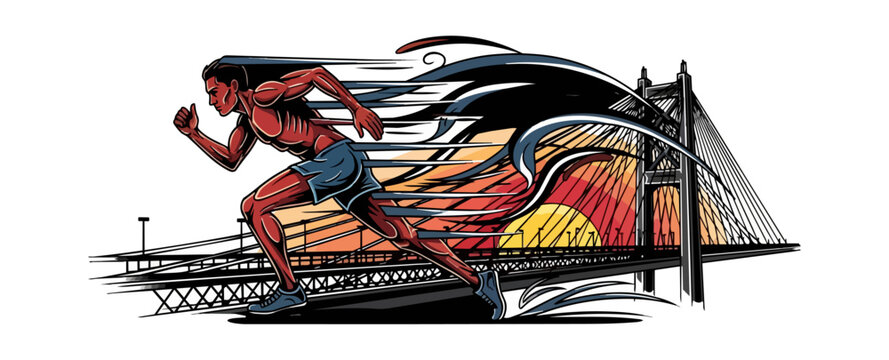 Runner crossing bridge at sunset graphic illustration