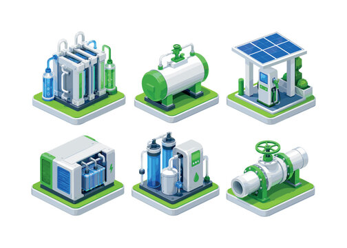 Green hydrogen. Isometric flat vector icons set of Green hydrogen: electrolyzer stack, hydrogen storage cylinder, solar powered hydrogen station, fuel cell module, water purification unit, hydrogen