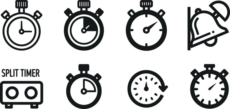 Collection of various stopwatch and timer line icons for tracking