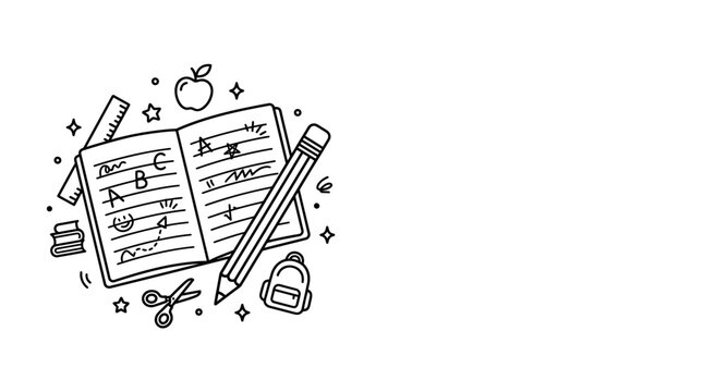 Hand drawn doodle set of school stationery and learning supplies.