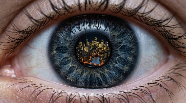 An eye reflecting an entire city skyline at night inside the pupil, tiny windows glowing