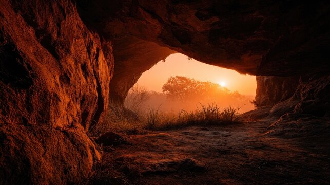 Sunlit cave entrance reveals misty morning landscape, casting warm, amber hues