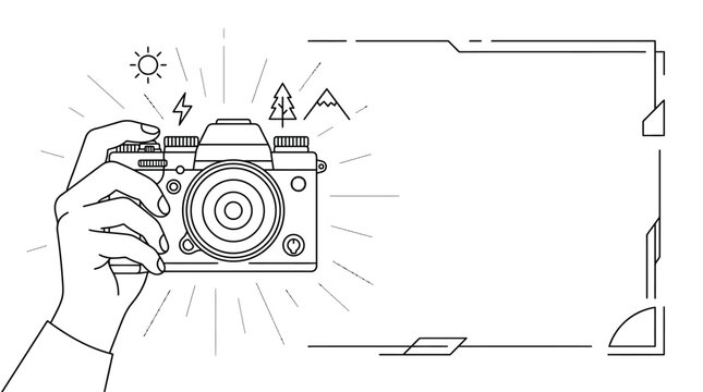 Hand drawn illustration of a hand holding a digital camera with doodle icons.