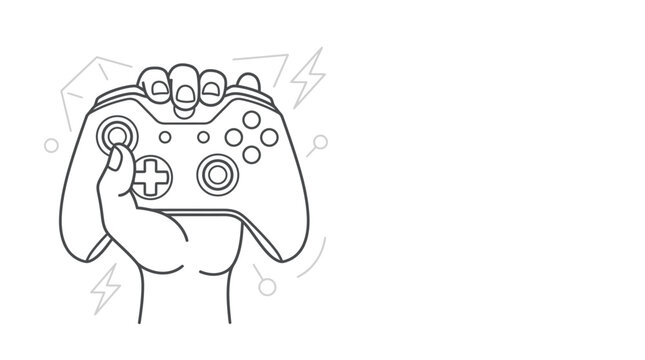 Hand holding a video game controller outline illustration.