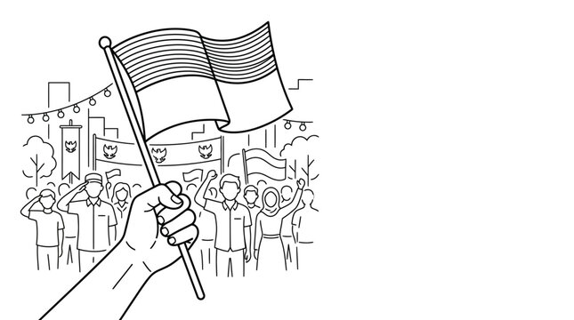 Hand holding Indonesian flag in a crowd.