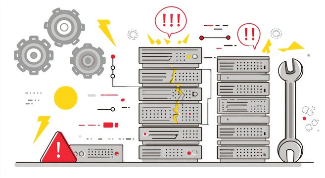 Server rack with broken unit, alerts, and tools